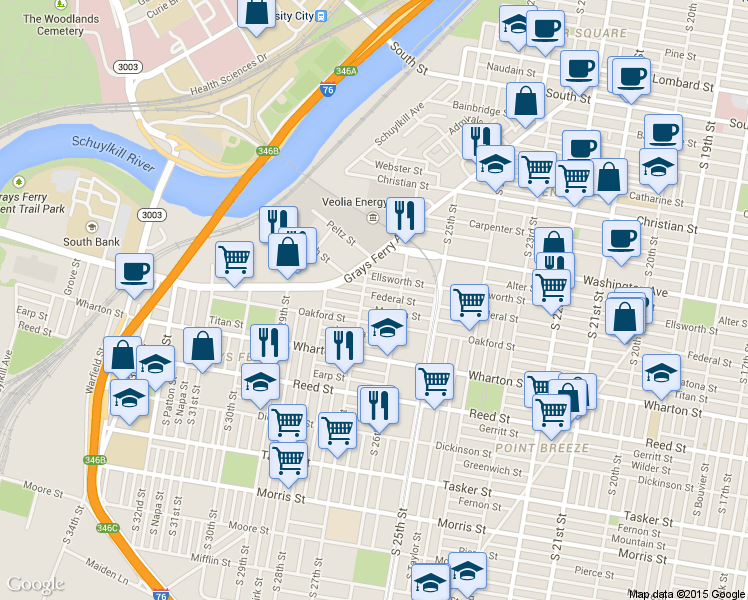 map of restaurants, bars, coffee shops, grocery stores, and more near 2616 Annin Street in Philadelphia