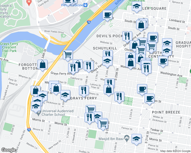 map of restaurants, bars, coffee shops, grocery stores, and more near 2719 Federal Street in Philadelphia