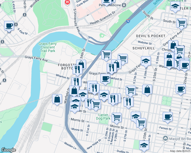 map of restaurants, bars, coffee shops, grocery stores, and more near in Philadelphia