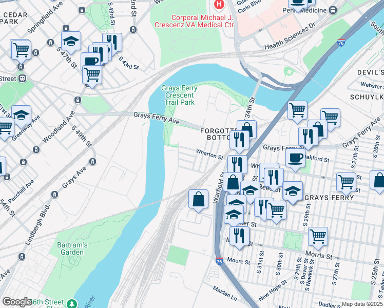 map of restaurants, bars, coffee shops, grocery stores, and more near 3624 Wharton Street in Philadelphia