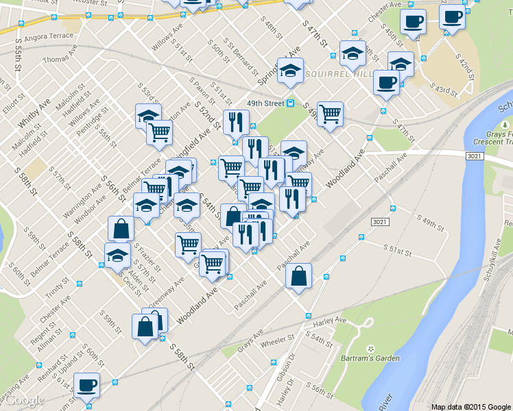 map of restaurants, bars, coffee shops, grocery stores, and more near 5246 Upland Street in Philadelphia