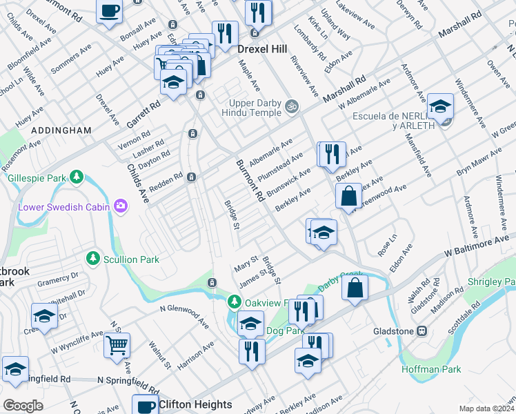 map of restaurants, bars, coffee shops, grocery stores, and more near 220 Burmont Road in Drexel Hill