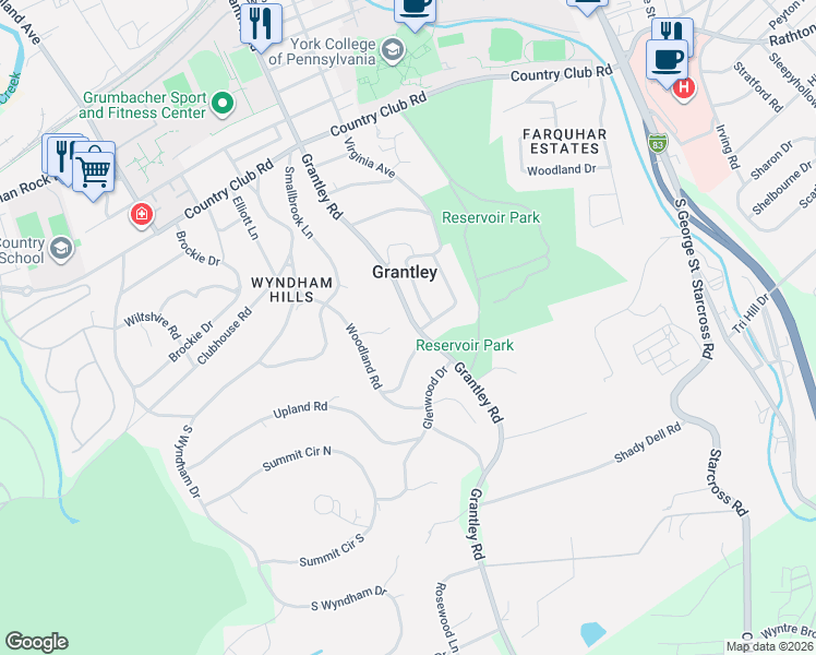 map of restaurants, bars, coffee shops, grocery stores, and more near 1290 Grantley Road in York