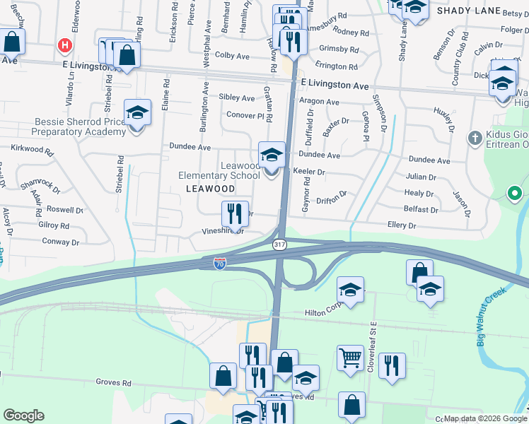 map of restaurants, bars, coffee shops, grocery stores, and more near 4302 Ellery Drive in Columbus