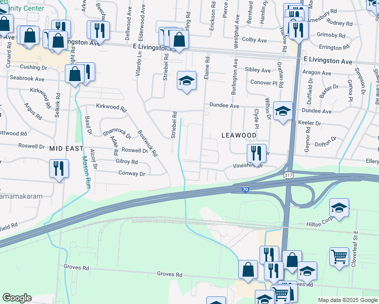 map of restaurants, bars, coffee shops, grocery stores, and more near 1704 Carstare Drive in Columbus
