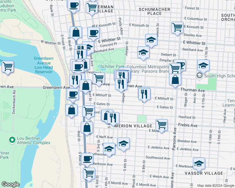 map of restaurants, bars, coffee shops, grocery stores, and more near 157 Thurman Avenue in Columbus