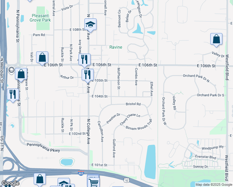map of restaurants, bars, coffee shops, grocery stores, and more near 10416 McPherson Street in Indianapolis