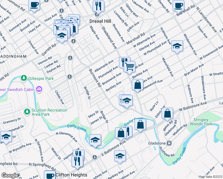 map of restaurants, bars, coffee shops, grocery stores, and more near 3422 Berkley Avenue in Drexel Hill