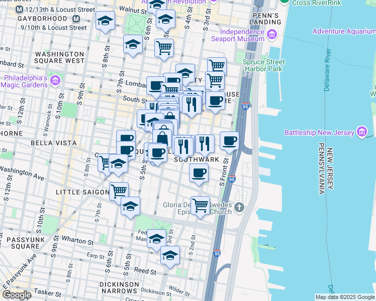 map of restaurants, bars, coffee shops, grocery stores, and more near 246 Fitzwater Street in Philadelphia