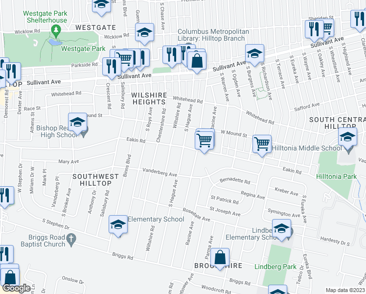 map of restaurants, bars, coffee shops, grocery stores, and more near Eakin Rd & S Hague Ave in Columbus