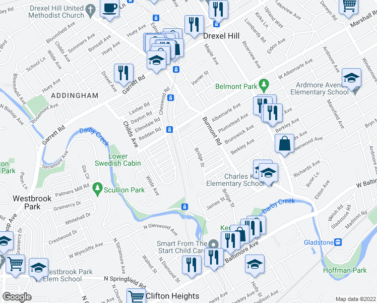 map of restaurants, bars, coffee shops, grocery stores, and more near 227 Blanchard Road in Drexel Hill