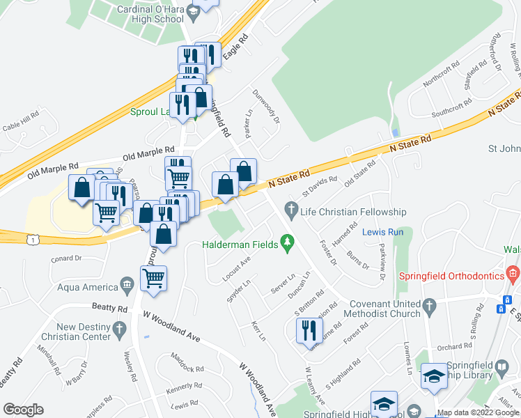 map of restaurants, bars, coffee shops, grocery stores, and more near 11 Curtis Road in Springfield
