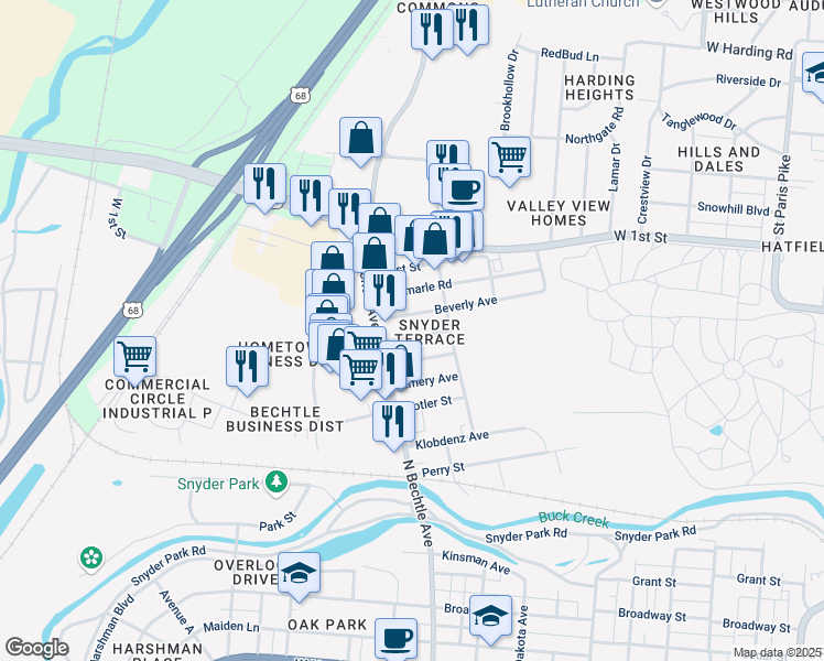 map of restaurants, bars, coffee shops, grocery stores, and more near 1371 Beverly Avenue in Springfield