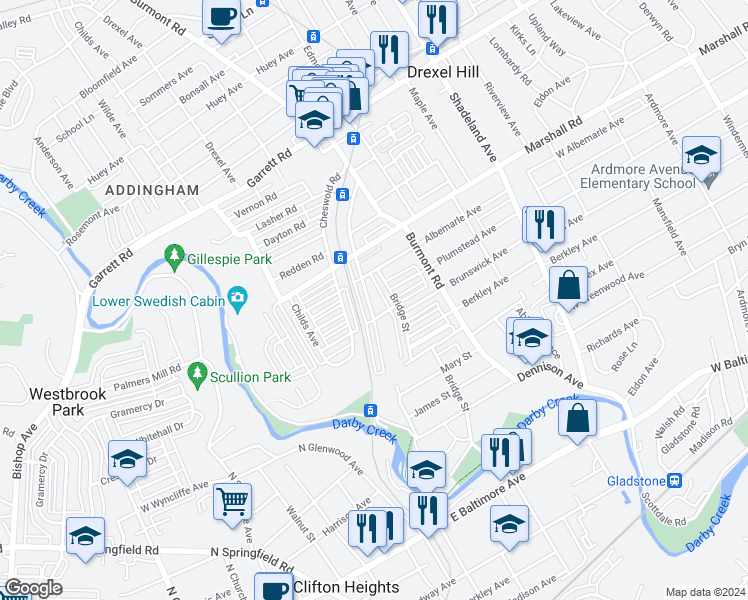 map of restaurants, bars, coffee shops, grocery stores, and more near 229 Blanchard Road in Drexel Hill