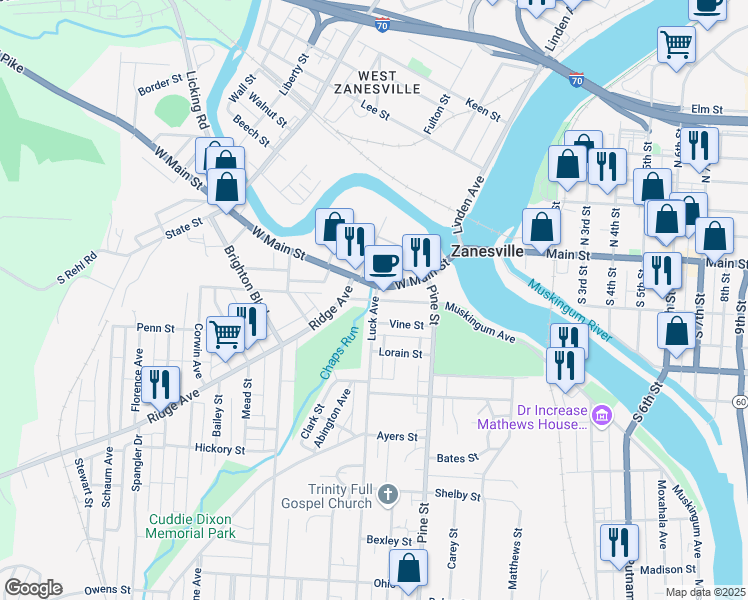 map of restaurants, bars, coffee shops, grocery stores, and more near 1000 West Muskingum Avenue in Zanesville