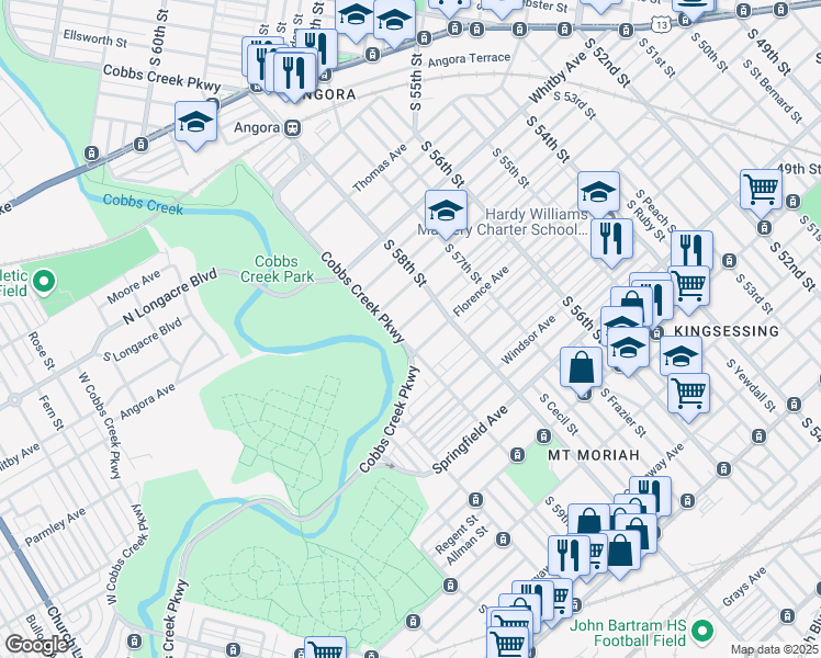 map of restaurants, bars, coffee shops, grocery stores, and more near 5844 Pentridge Street in Philadelphia