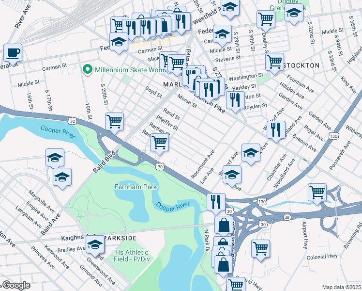 map of restaurants, bars, coffee shops, grocery stores, and more near 583 Raritan Street in Camden