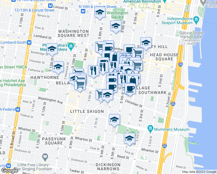 map of restaurants, bars, coffee shops, grocery stores, and more near 616 Catharine Street in Philadelphia