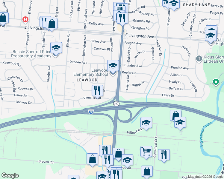 map of restaurants, bars, coffee shops, grocery stores, and more near 4302 Ellery Drive in Columbus