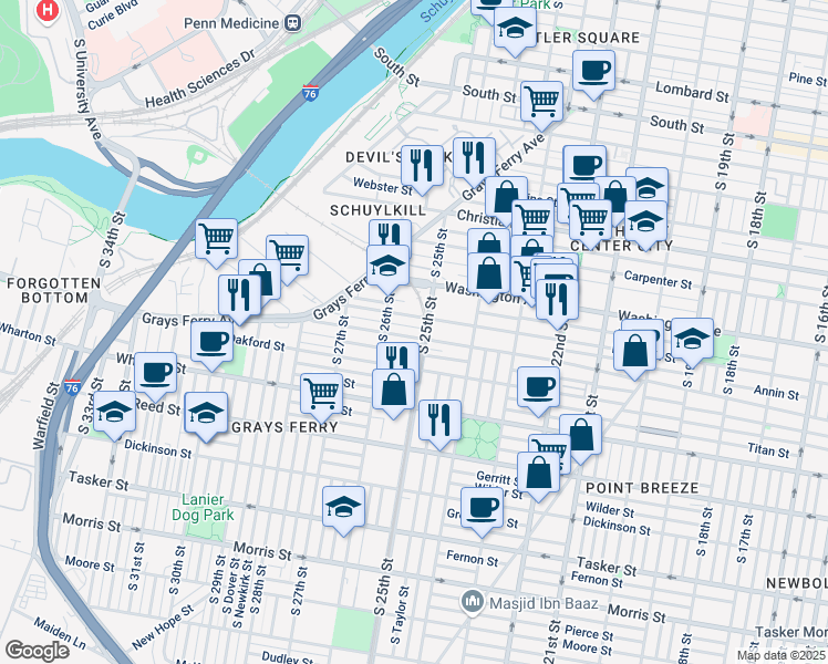 map of restaurants, bars, coffee shops, grocery stores, and more near in Philadelphia