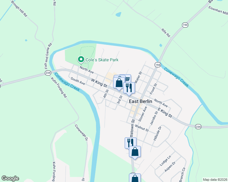 map of restaurants, bars, coffee shops, grocery stores, and more near 326 West King Street in East Berlin