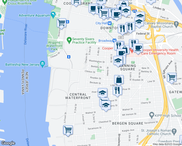 map of restaurants, bars, coffee shops, grocery stores, and more near 318 Clinton Street in Camden