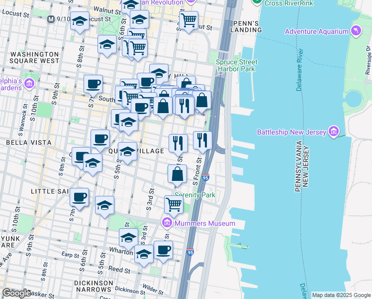map of restaurants, bars, coffee shops, grocery stores, and more near 751R South 2nd Street in Philadelphia