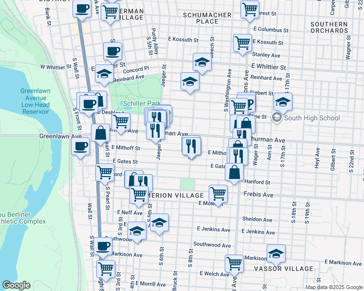 map of restaurants, bars, coffee shops, grocery stores, and more near 266 East Mithoff Street in Columbus