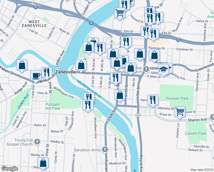 map of restaurants, bars, coffee shops, grocery stores, and more near 65 South 5th Street in Zanesville