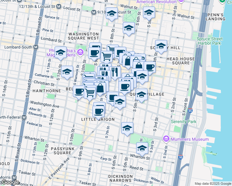map of restaurants, bars, coffee shops, grocery stores, and more near 638 Catharine Street in Philadelphia