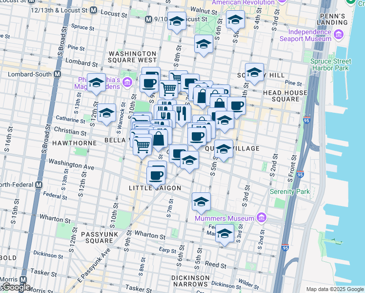 map of restaurants, bars, coffee shops, grocery stores, and more near 641 Catharine Street in Philadelphia