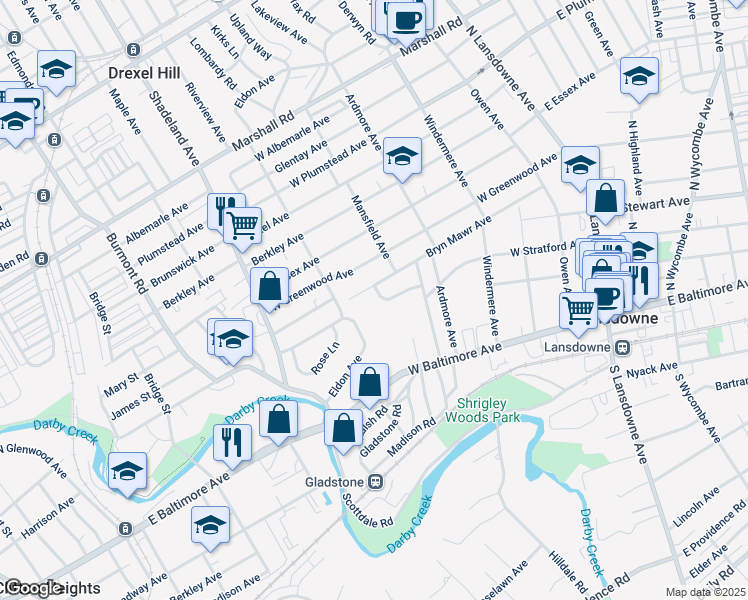 map of restaurants, bars, coffee shops, grocery stores, and more near 190 Marlyn Road in Lansdowne