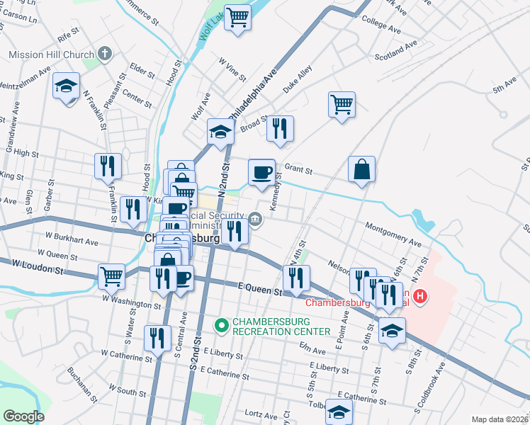 map of restaurants, bars, coffee shops, grocery stores, and more near 114 North 3rd Street in Chambersburg