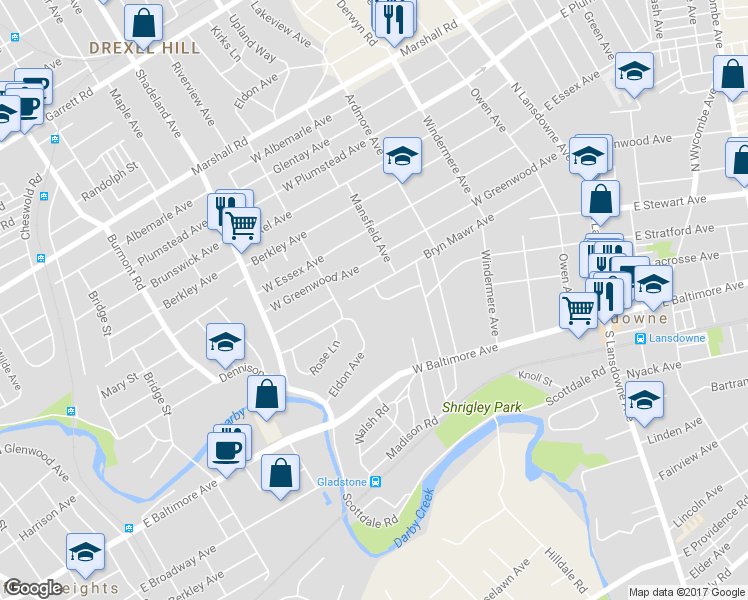 map of restaurants, bars, coffee shops, grocery stores, and more near 190 Marlyn Road in Lansdowne