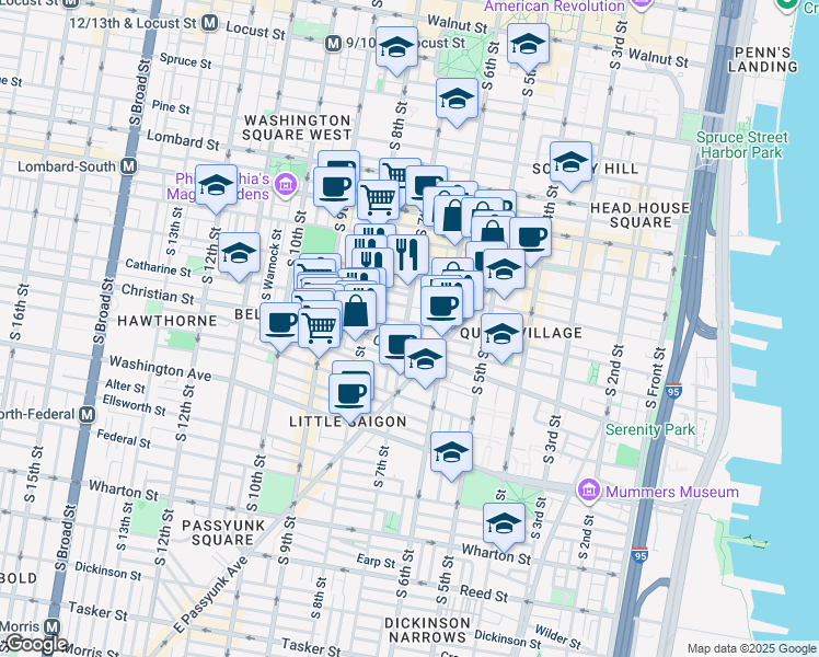 map of restaurants, bars, coffee shops, grocery stores, and more near 640 Catharine Street in Philadelphia