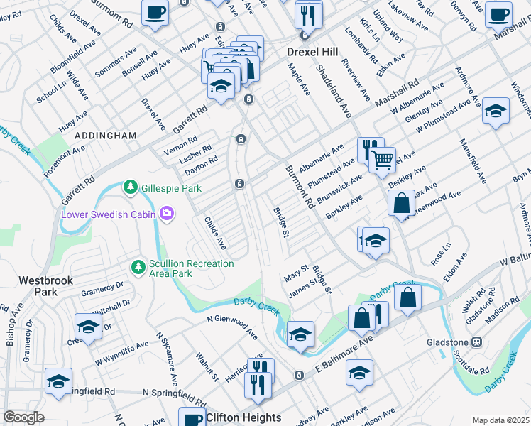 map of restaurants, bars, coffee shops, grocery stores, and more near 229 Blanchard Road in Drexel Hill