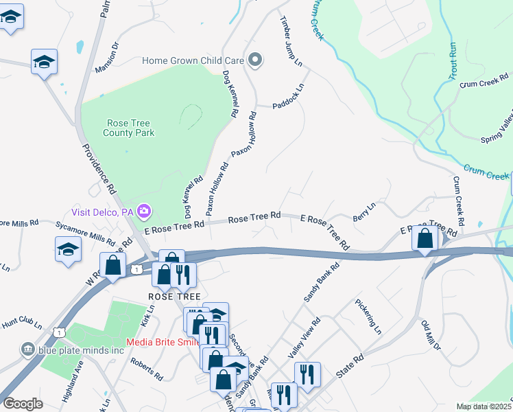 map of restaurants, bars, coffee shops, grocery stores, and more near 291 East Rose Tree Road in Media