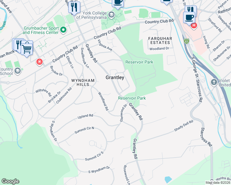 map of restaurants, bars, coffee shops, grocery stores, and more near 1290 Grantley Road in York