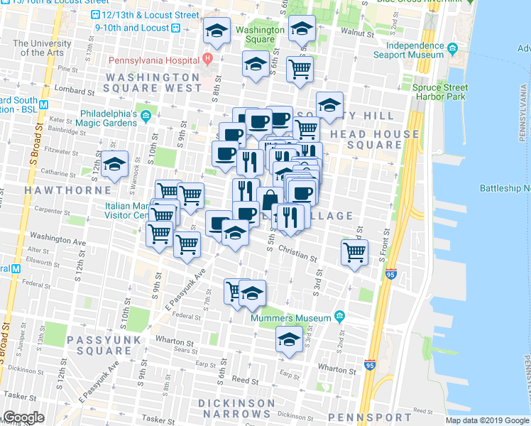 map of restaurants, bars, coffee shops, grocery stores, and more near 513 Catharine Street in Philadelphia