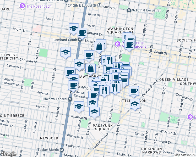 map of restaurants, bars, coffee shops, grocery stores, and more near 1118 Montrose Street in Philadelphia