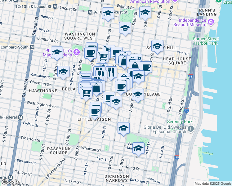 map of restaurants, bars, coffee shops, grocery stores, and more near 622 Catharine Street in Philadelphia