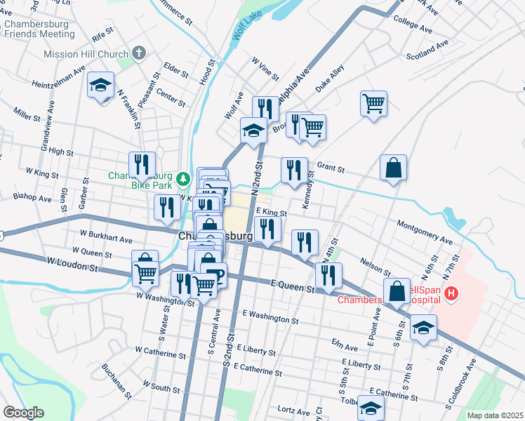 map of restaurants, bars, coffee shops, grocery stores, and more near 225 East King Street in Chambersburg