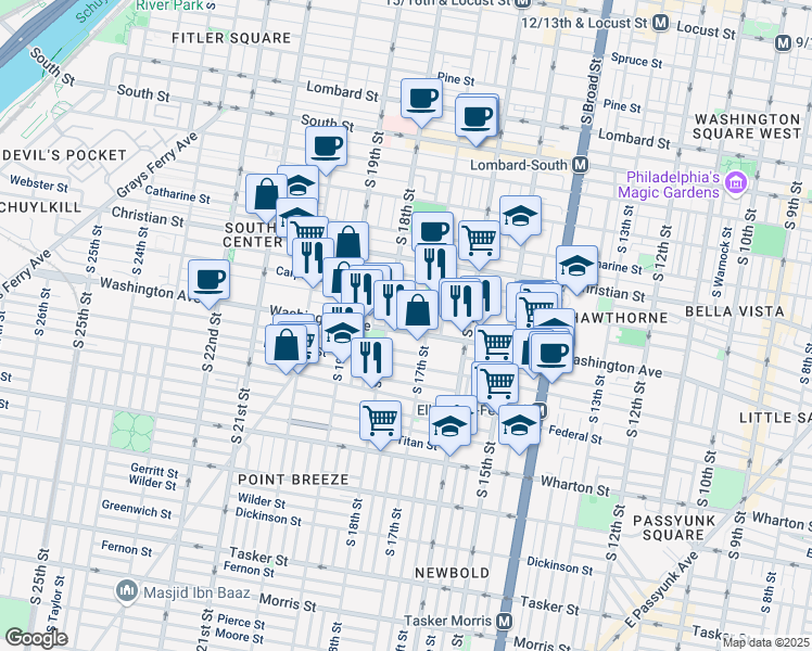 map of restaurants, bars, coffee shops, grocery stores, and more near 1035 South Bouvier Street in Philadelphia