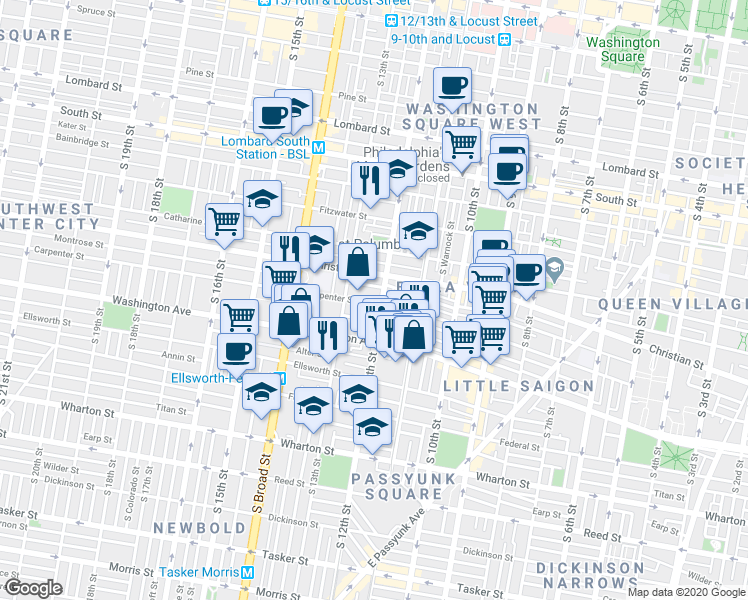 map of restaurants, bars, coffee shops, grocery stores, and more near 1207 Carpenter Street in Philadelphia