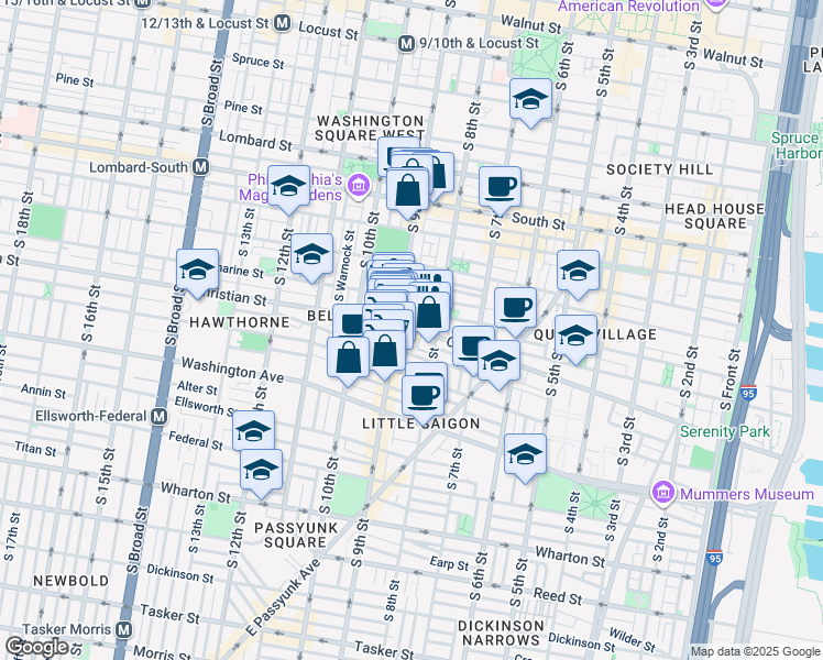map of restaurants, bars, coffee shops, grocery stores, and more near 910 South Darien Street in Philadelphia
