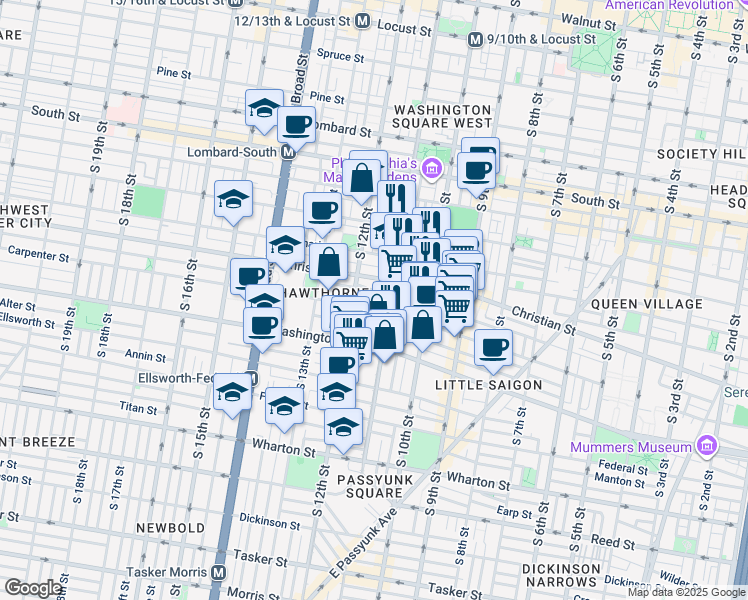 map of restaurants, bars, coffee shops, grocery stores, and more near 1114 Hall Street in Philadelphia