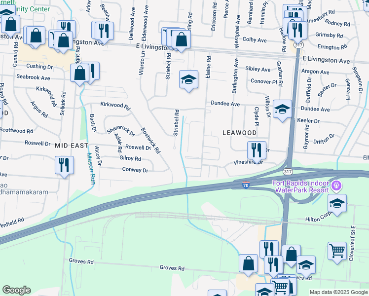 map of restaurants, bars, coffee shops, grocery stores, and more near 1704 Carstare Drive in Columbus