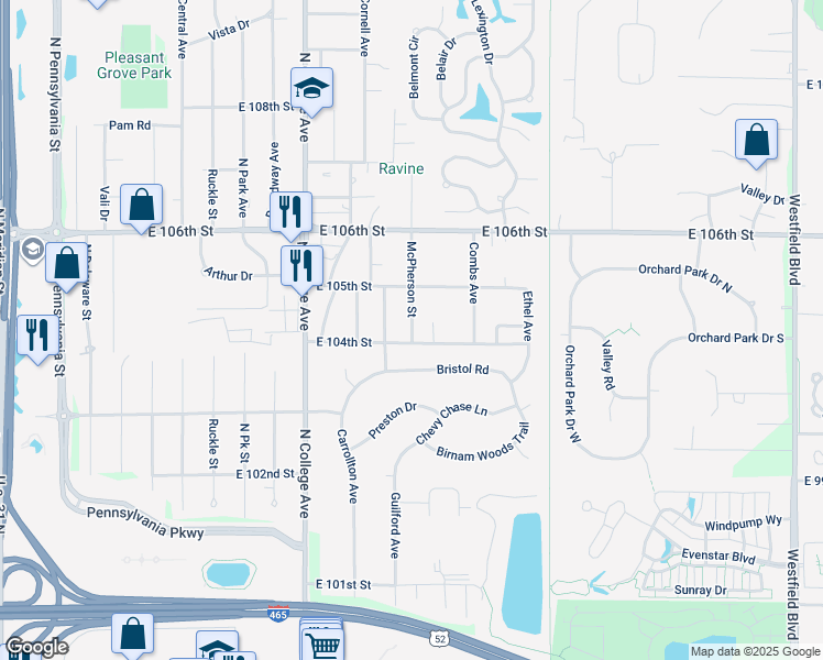 map of restaurants, bars, coffee shops, grocery stores, and more near 10416 McPherson Street in Indianapolis