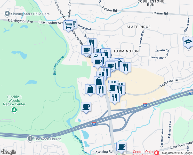 map of restaurants, bars, coffee shops, grocery stores, and more near 2225 Taylor Park Drive in Reynoldsburg