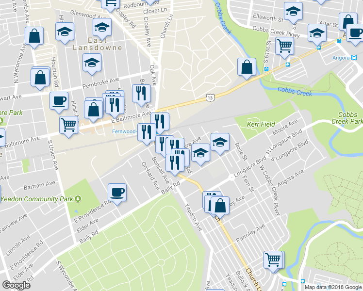 map of restaurants, bars, coffee shops, grocery stores, and more near 829 Myra Avenue in Yeadon